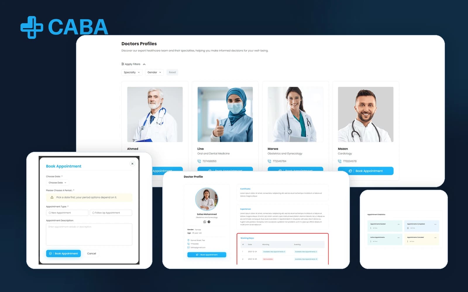 CABA clinic appointment platform showing doctor discovery, appointment booking, availability, and administration interfaces