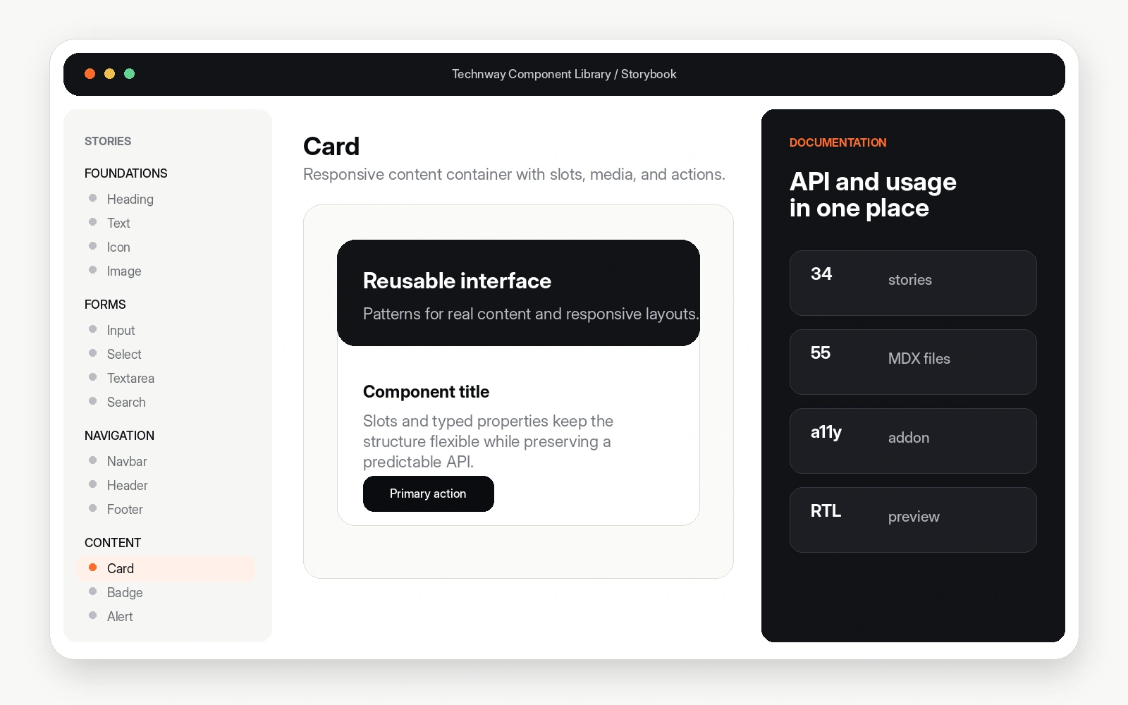 Storybook-style Technway Component Library documentation showing a card story, component navigation, and documentation tools