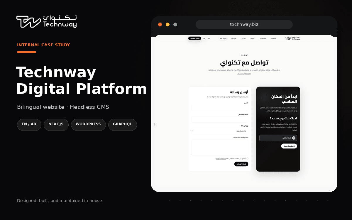 Technway digital platform case study showing bilingual pages, service cards, and the headless content architecture