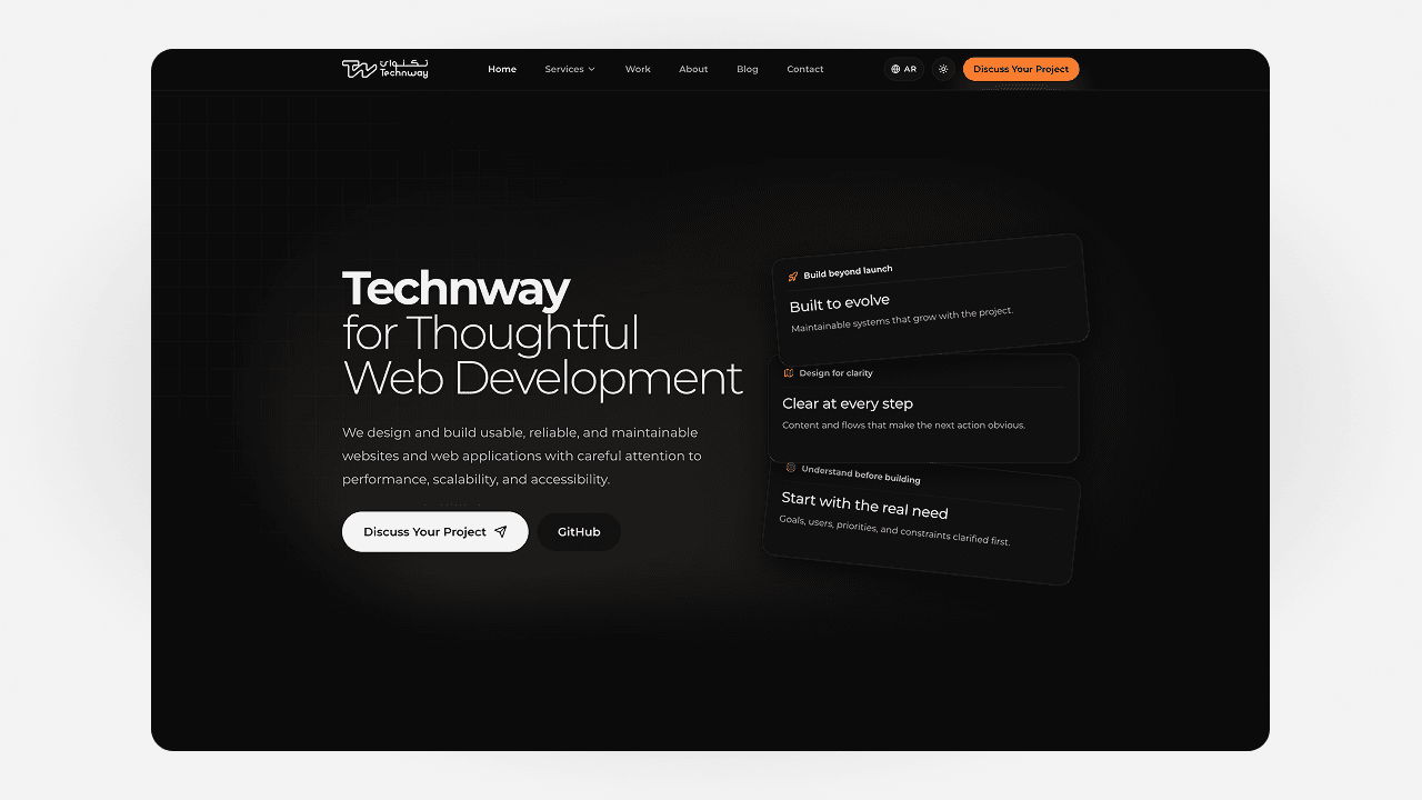 Technway digital platform case study showing bilingual pages, service cards, and the headless content architecture