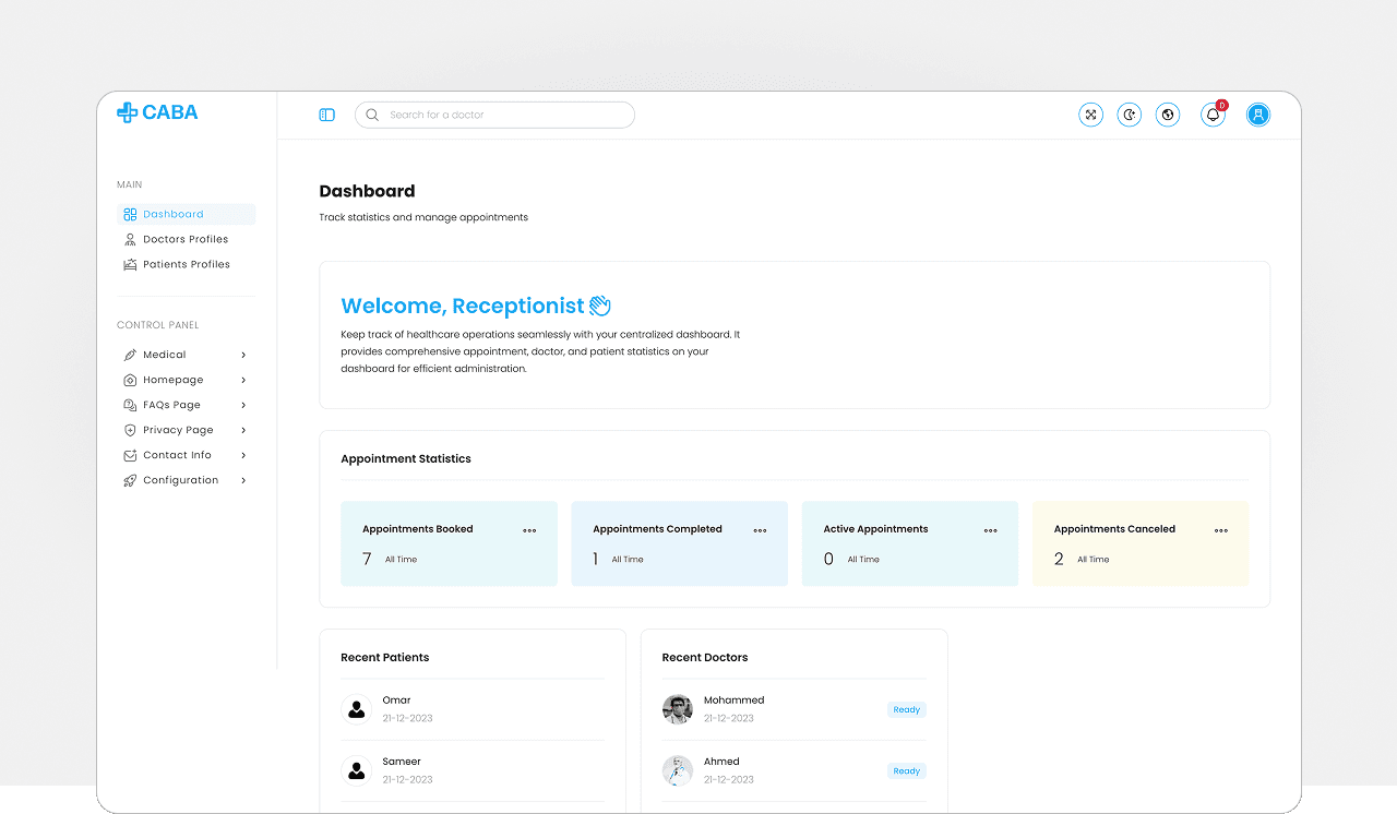 CABA clinic appointment platform showing doctor discovery, appointment booking, availability, and administration interfaces