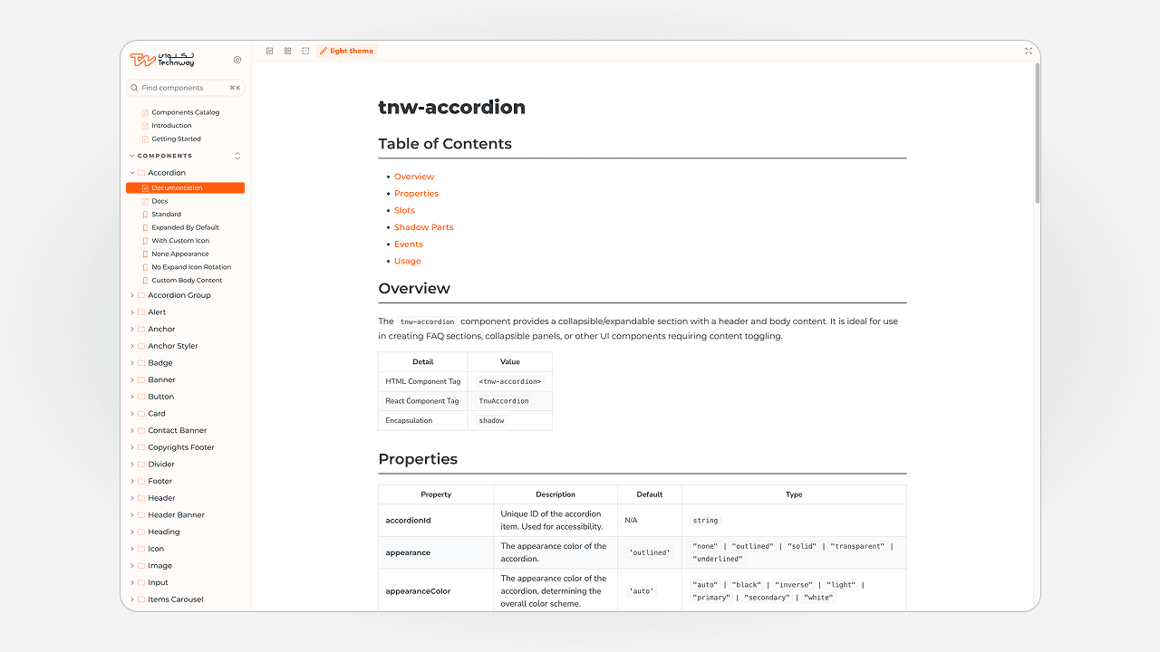 Technway Component Library showing a Storybook component catalog, button states, and a typed API surface
