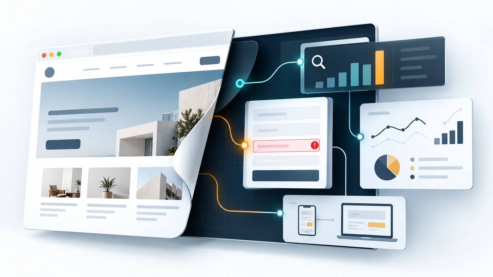 Website interface peeling back to reveal search metrics, a form validation error, and mobile and desktop diagnostics.