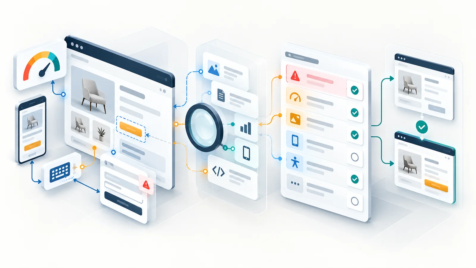 Website inspection flowing from performance and usability diagnostics through a prioritized issue list to verified page improvements.