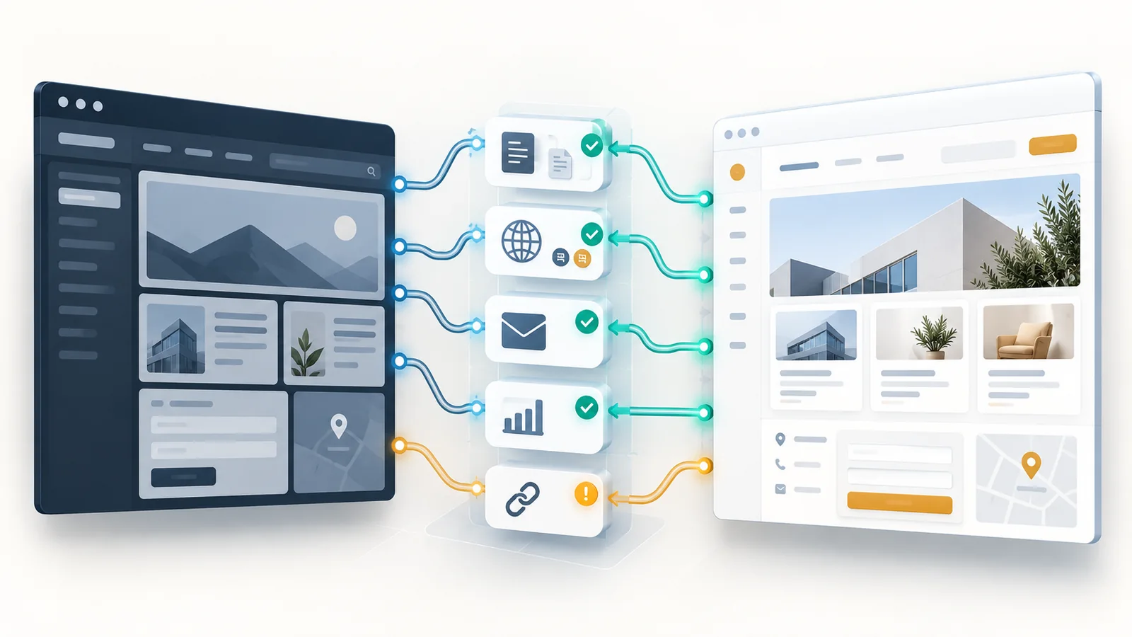 An old and new website connected through checks for content, languages, contact messages, analytics and URL redirects.