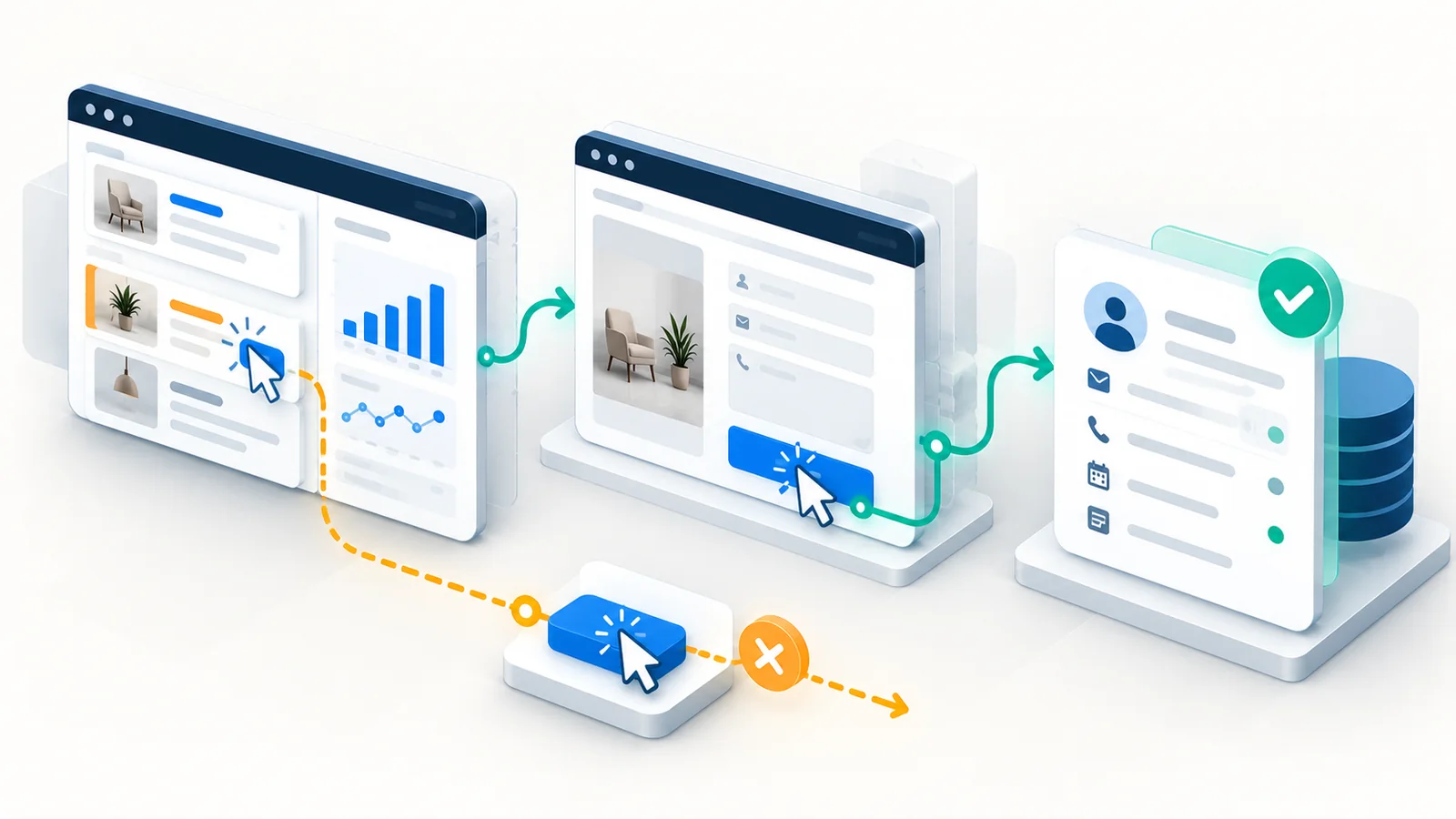 Advertising dashboard and website form connected to a verified lead record, with a separate click-only path that does not count as a completed conversion.
