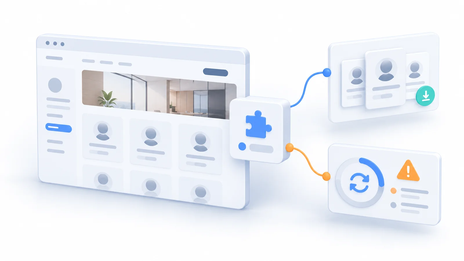 A staff directory on a website connects through a plugin module to profile-data export and plugin-update checks.