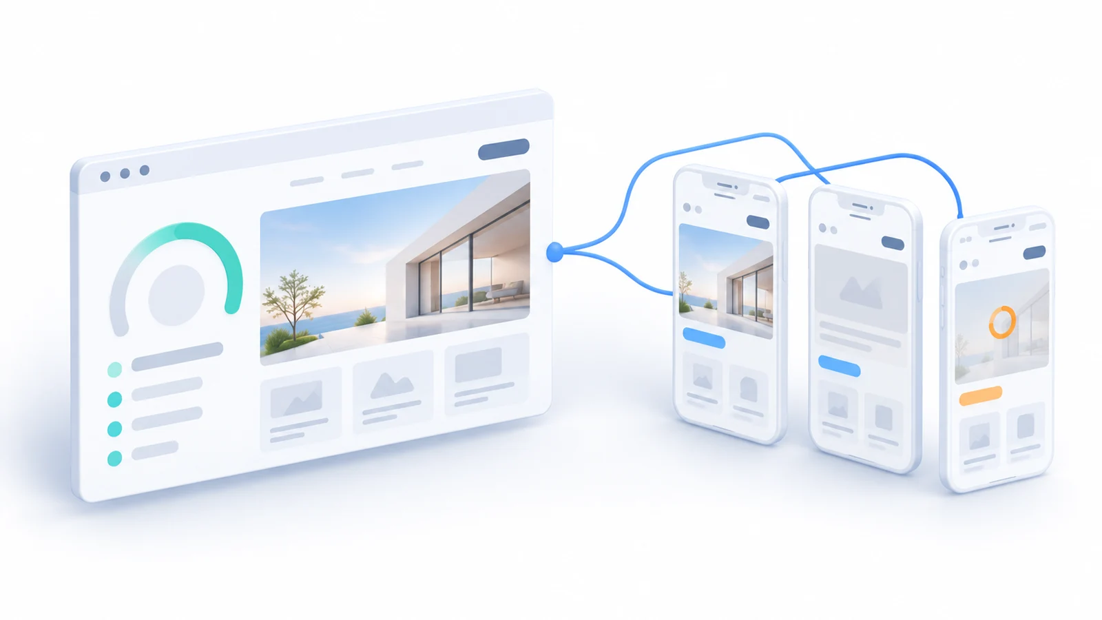 A desktop website performance report branches into three mobile views showing completed, partially loaded and delayed experiences.