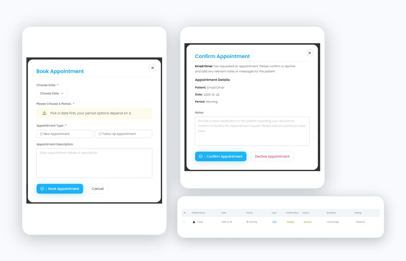 CABA appointment request form, doctor confirmation dialog, and appointment status table