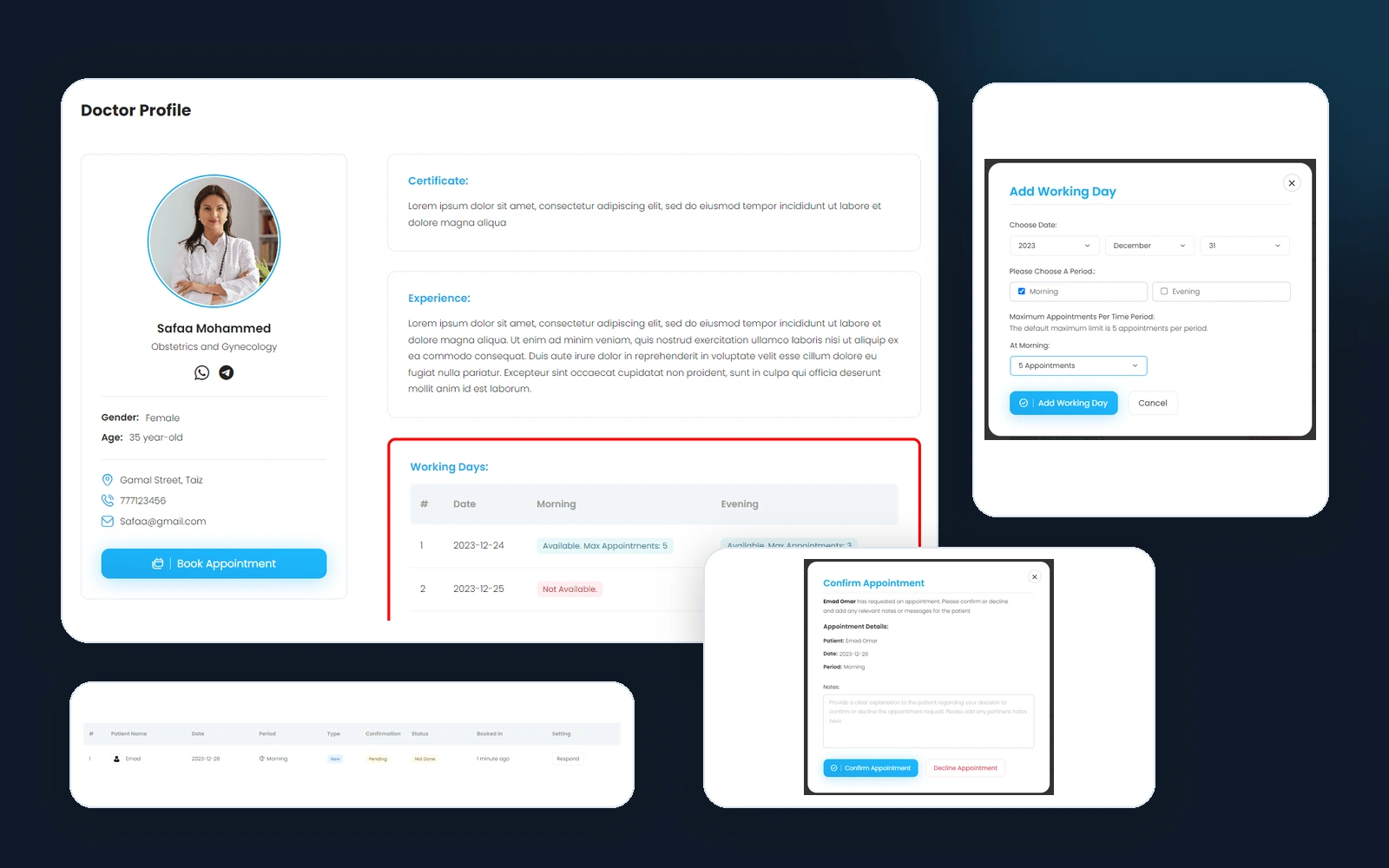 CABA doctor workflow showing a doctor profile, working-day capacity, appointment response, and appointment status