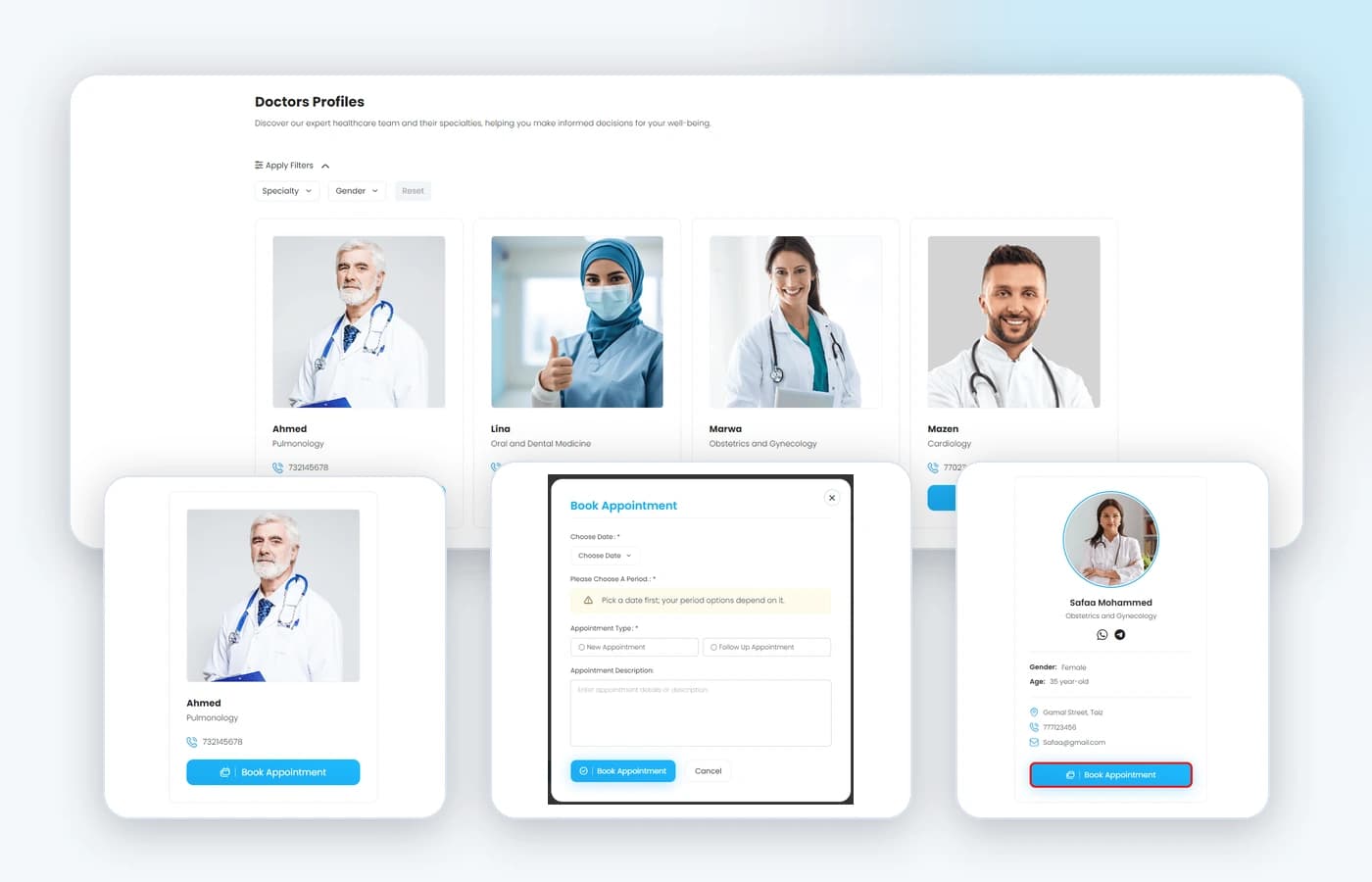 CABA patient journey showing doctor discovery, profile review, and the appointment booking form