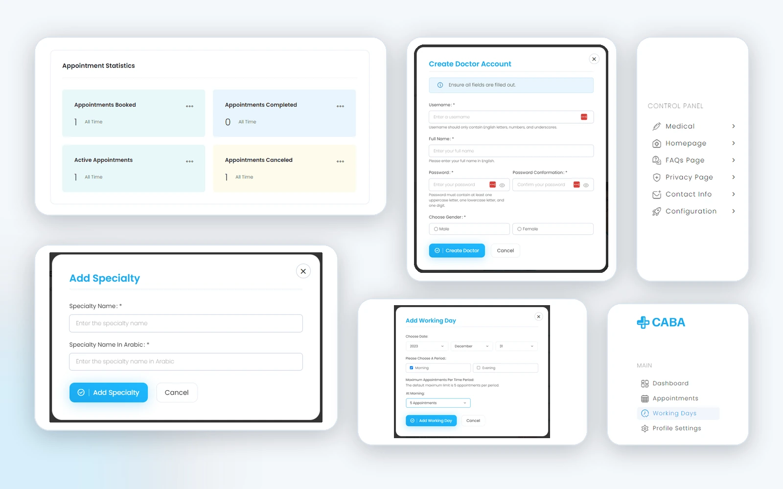CABA receptionist administration showing statistics, doctor creation, specialty management, working-day setup, and control-panel navigation