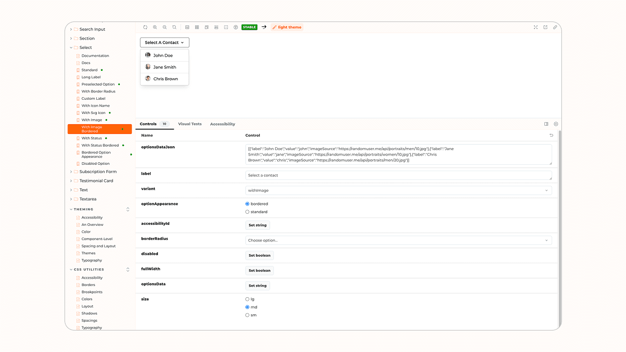 Technway component catalog showing component names, generated API statistics, and an input component contract