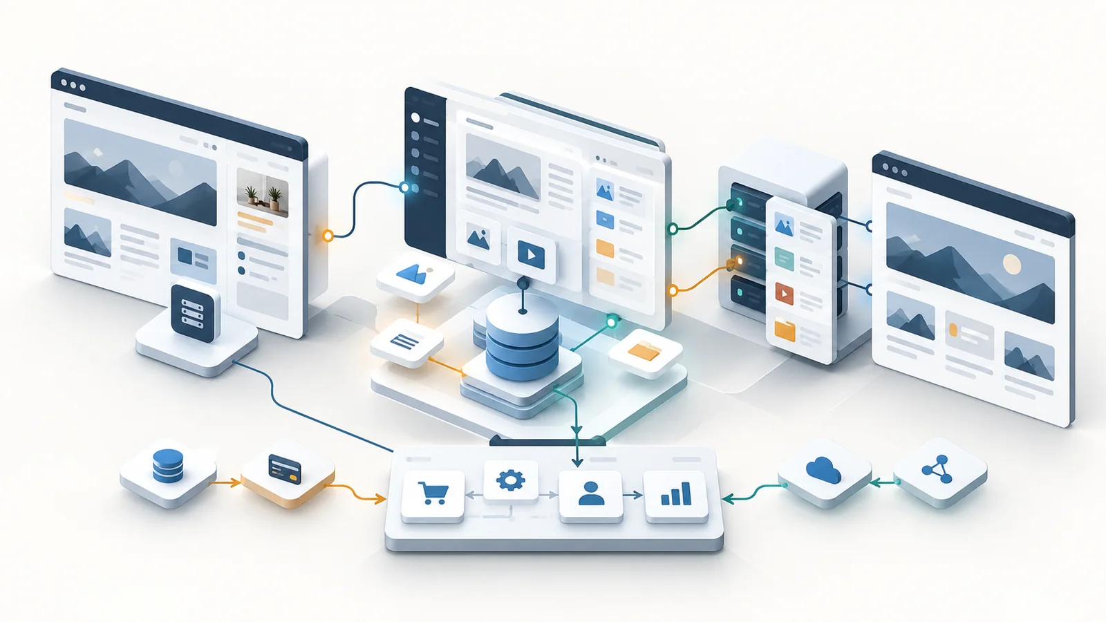 Isometric illustration of content editing dashboards connected with websites, data systems, integrations and business services.