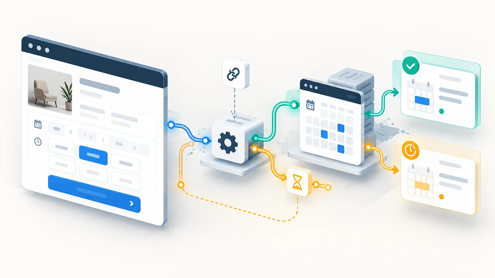 Appointment-booking website connected through an integration service to a calendar provider, with confirmed and pending outcomes shown as separate paths.