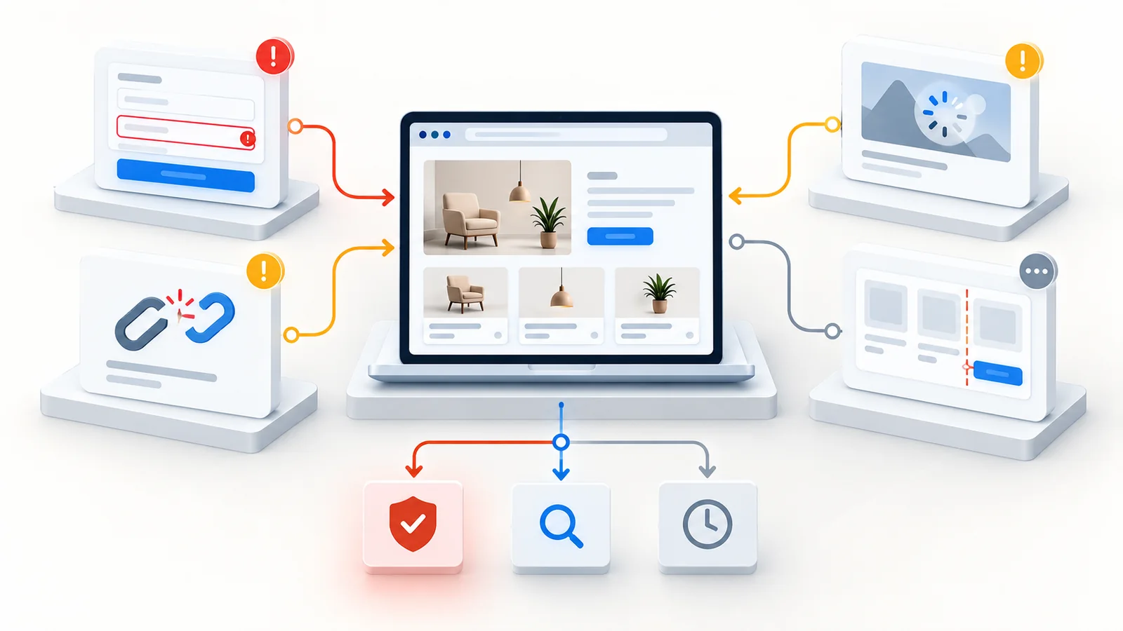 Website dashboard surrounded by form, link, performance and layout issues, with branching decisions for immediate repair, investigation and scheduled monitoring.