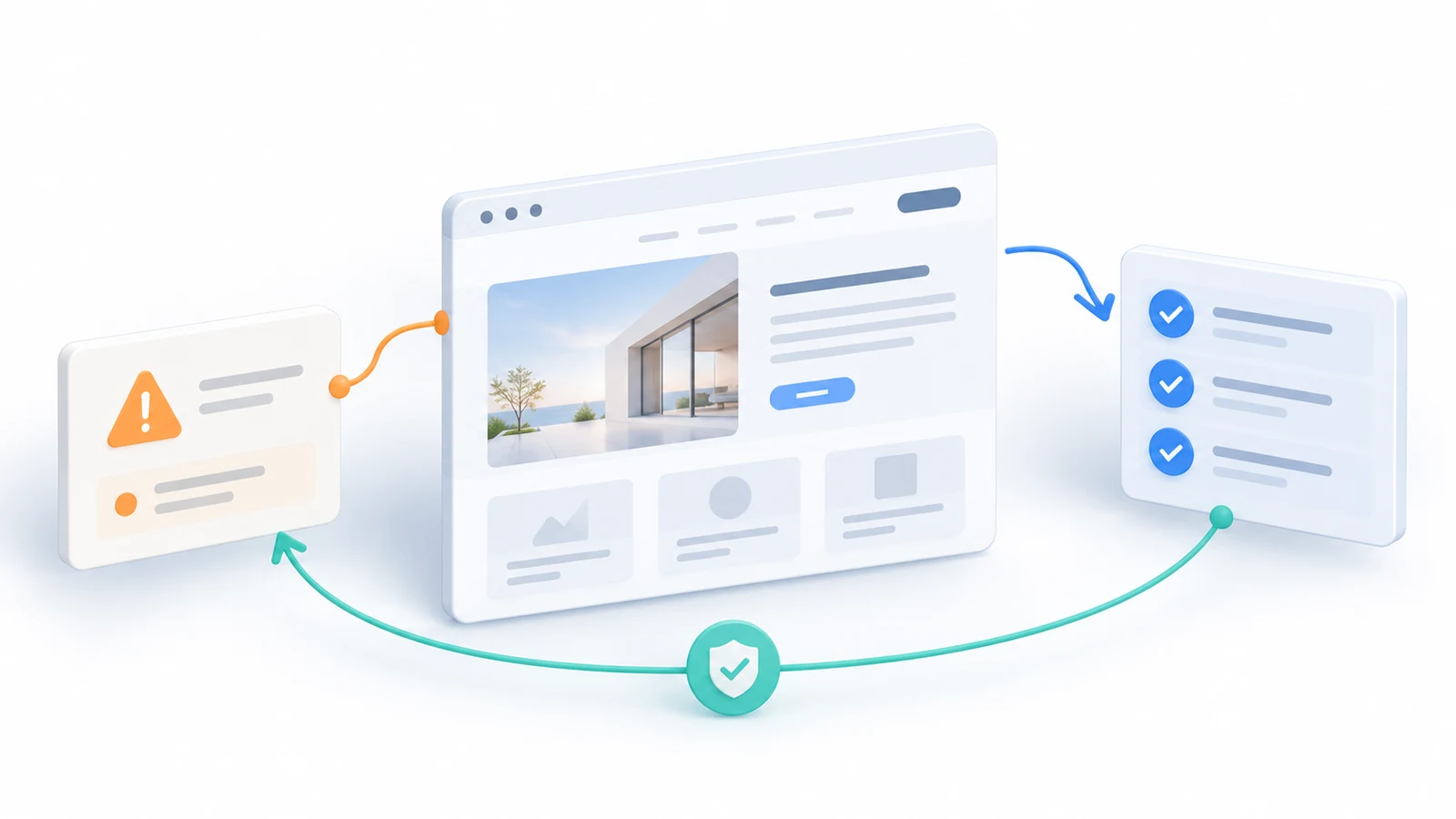 A business website connects an orange risk alert with a verified maintenance checklist and a protected recovery loop.