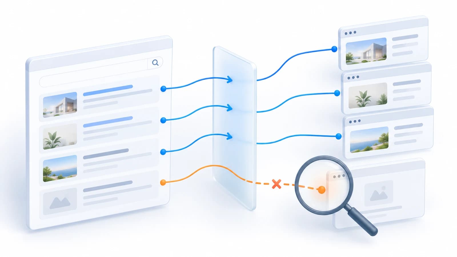 Search results connect through a migration route to new website pages; one orange broken connection is highlighted for inspection.