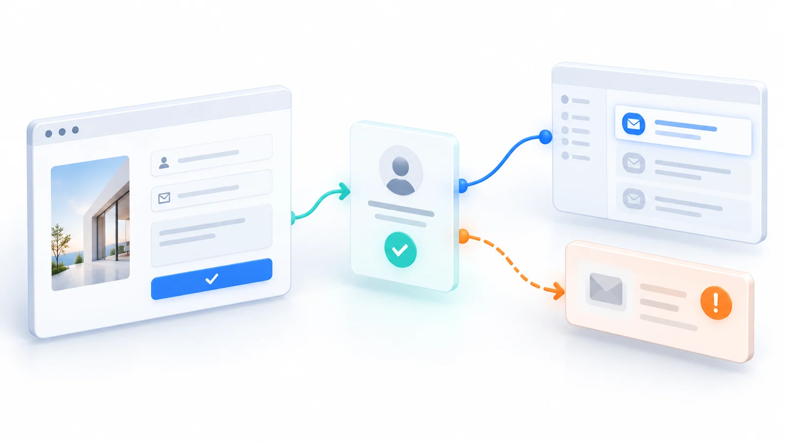 A completed contact form flows to a verified lead record, with a successful inbox route and a separate warning path for failed delivery.