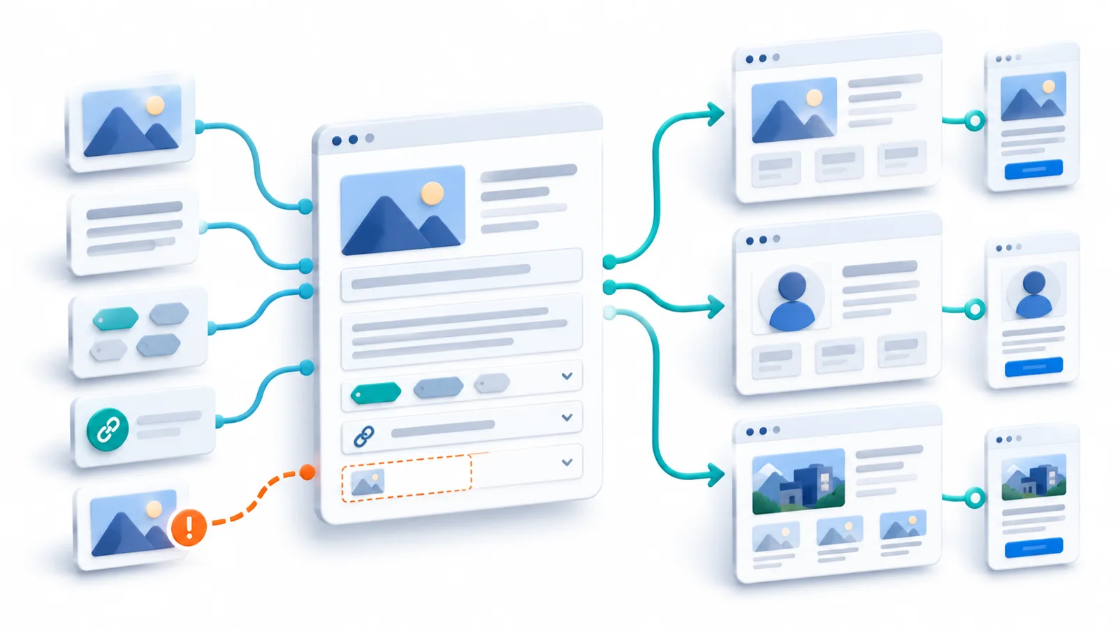 Soft isometric diagram of structured content feeding several page layouts, with one unresolved content item highlighted in orange.