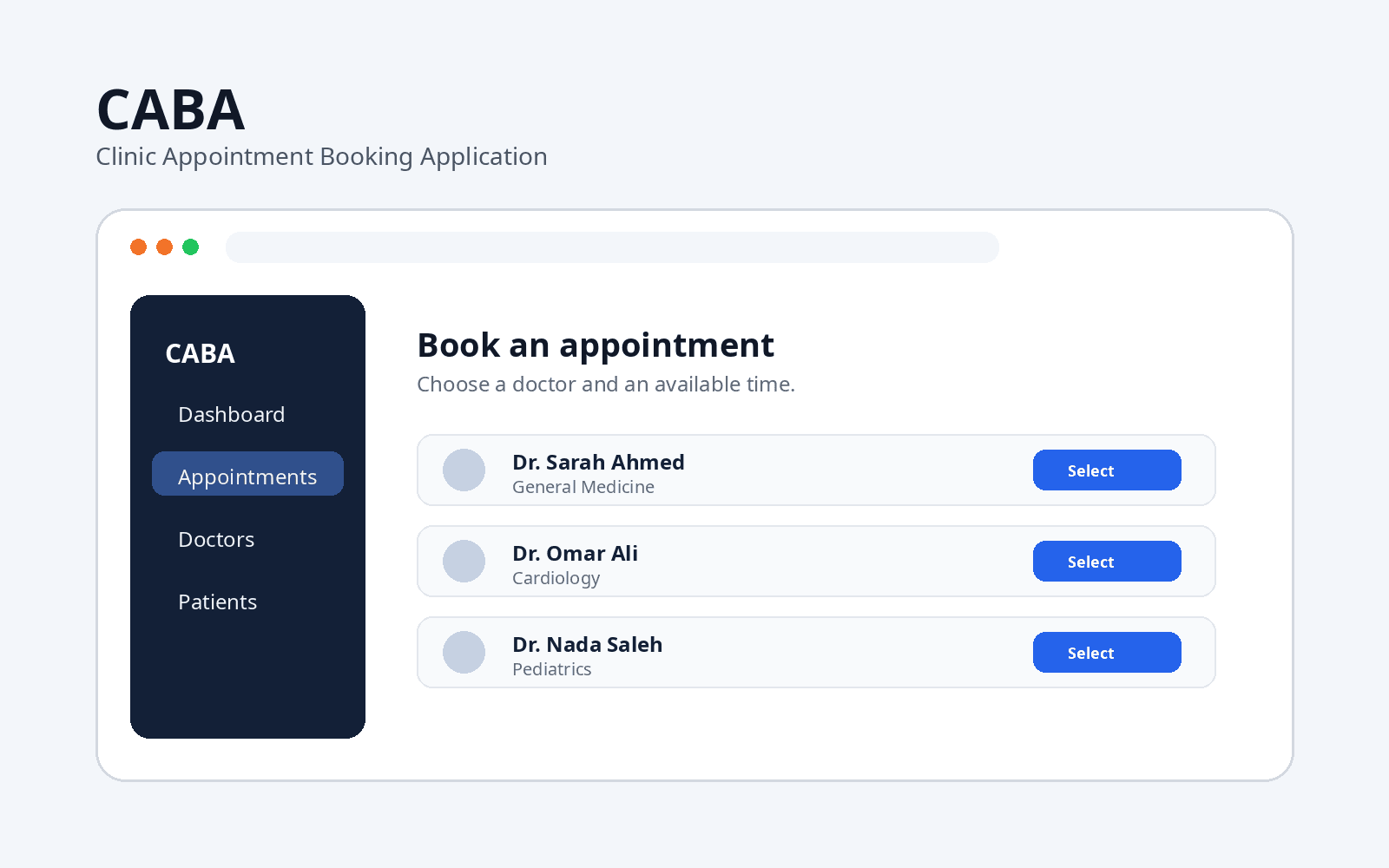 Preview of the CABA clinic appointment booking interface
